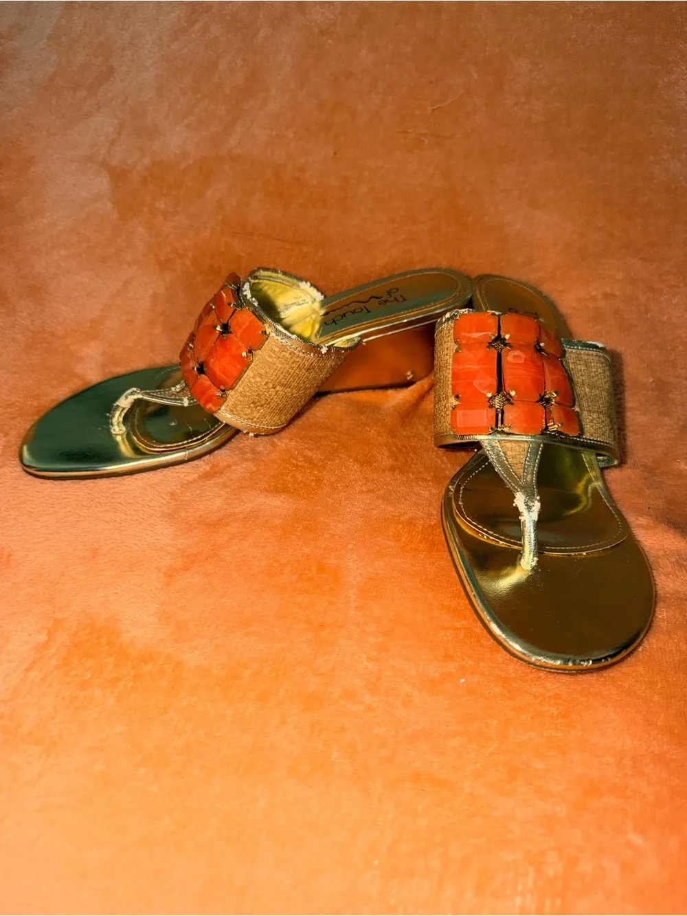 vintage y2k metallic gold - orange jeweled wedge sandals 🧡 touch of nina 8.5 M